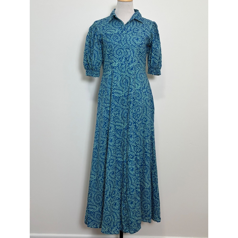 Livro Cotton Maxi Dress XS Blue Green Botanical Floral Short Sleeve Button Front